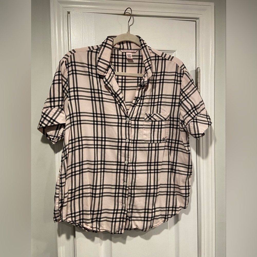 Victoria Secret Size M Pink Black Plaid Flannel Short Sleeve Button Pajama Top